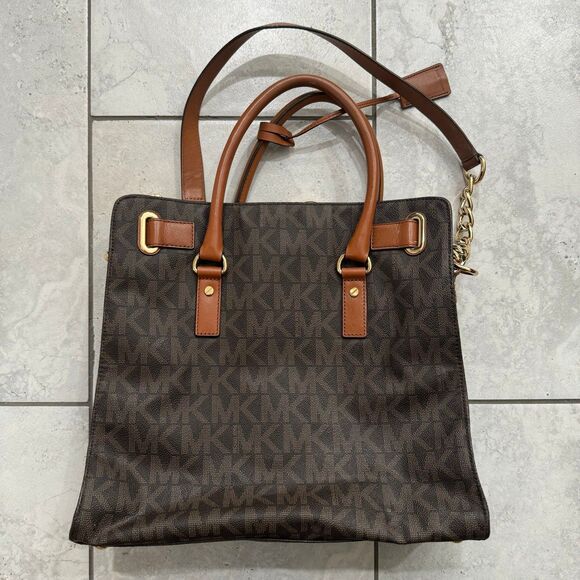 Michael Kors Hamilton Large Logo MK Signature Brown Gold Lock Bag Handbag - Picture 4 of 11